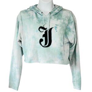 JIBERISH Ocean Print Hoodie Crop Length Raw Hem Long Sleeve Blue Green Womens XL